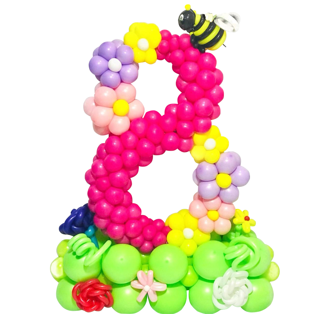 композиция из шаров к 8 марта плетеная цифра "8" с Пчёлкой 